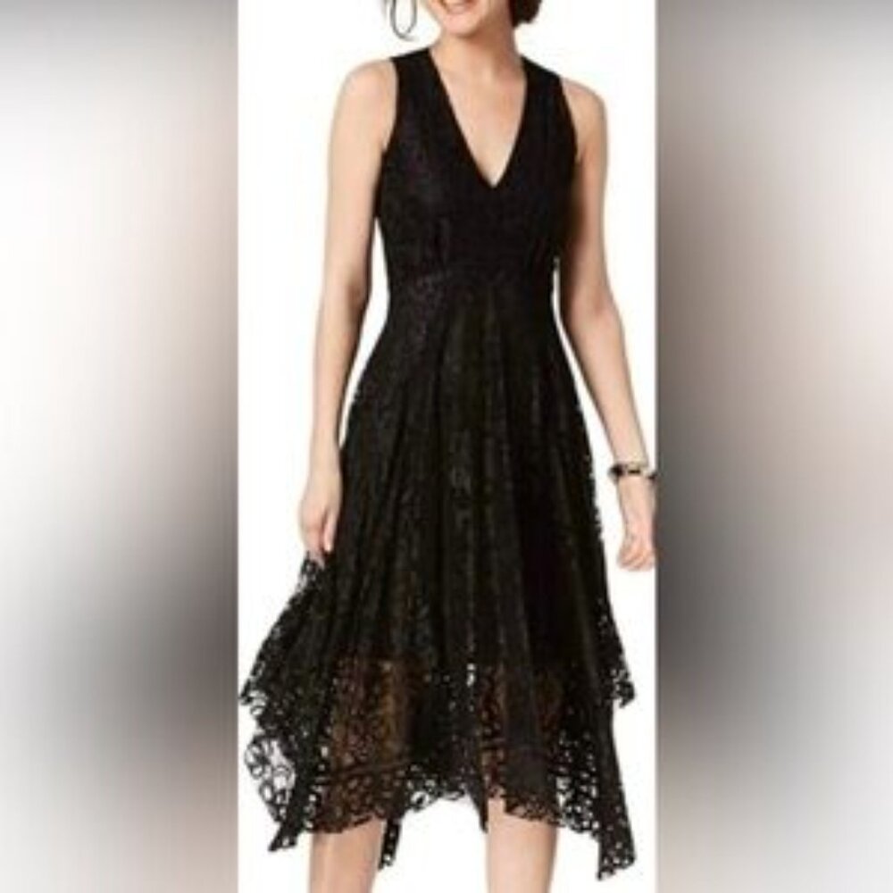 TAYLOR Black Lace Dress with Asymmetrical Hemline Sz. 16